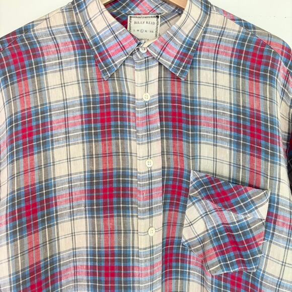 Billy Reid Red, Blue, Cream Plaid Linen Button Down Shirt- Size Men's Large - Picture 3 of 6